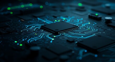 Electronic circuit board with microchip.  Digital technology.