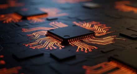 Close-up of a glowing CPU chip on a dark circuit board.