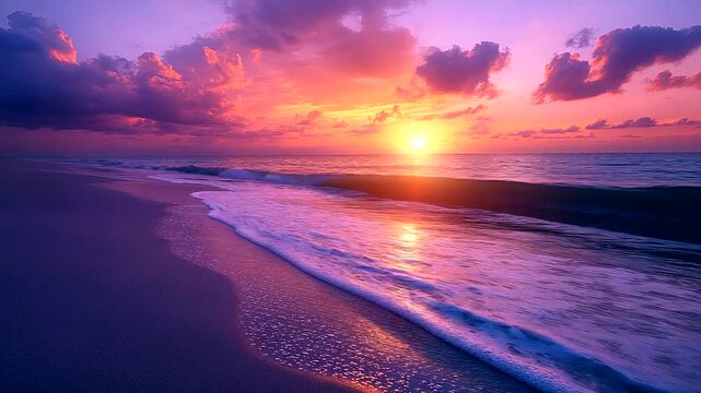 Serene sunset over a tranquil beach with gentle waves lapping at the shore, creating a peaceful atmosphere