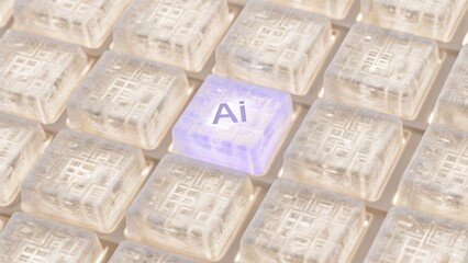 Glowing 'AI' key stands out within a keyboard with icelike transparent keys
