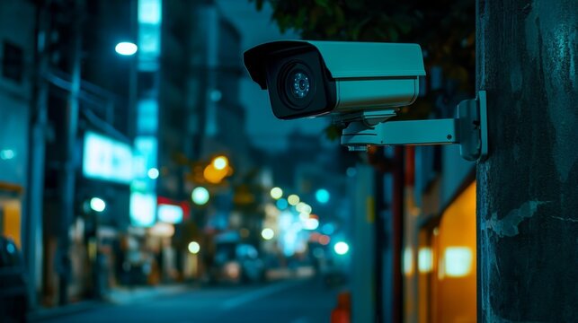Nighttime shot of CCTV surveillance camera monitoring an urban street with soft lighting