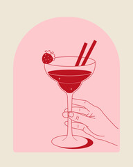 Minimalist illustration of a female hand holding a cocktail with a strawberry and straws in a pink palette. Perfect for summer, party, and bar-themed designs.