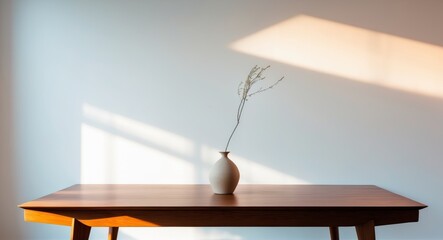 Minimalist Still Life. Vase with Dried Plant on Wooden Table in Warm Sunlight.