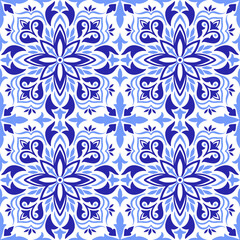 Seamless pattern in blue colors, white background. Ethnic mosaic design. Traditional motifs. Floral ornament, print for home textile or ceramic. Vector illustration