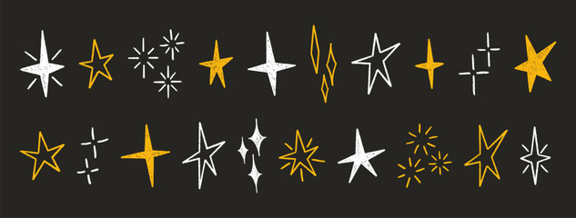 Stars set, crayon hand drawn. Magic yellow white twinkle icons, line and silhouette. Shine, spark, light chalk elements on black background. Sketch sparkles. Glitter doodle sparks. Vector illustration