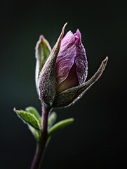 Fototapeta premium Close-up of a single rose bud. the bud is in the process of opening, with the petals slightly curled and the center a deep purple color.