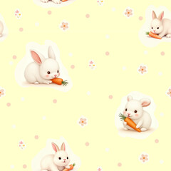 Cute seamless pattern with baby bunnies and carrots on pastel yellow background