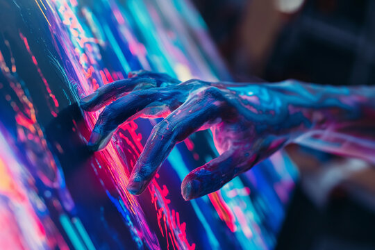 Conceptual AI hand drawing digital art on screen