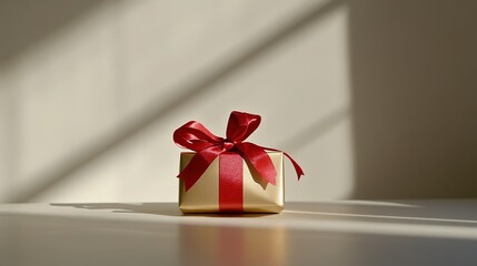 Golden Gift Box with Red Ribbon, Symbolizing Elegance and Celebration
