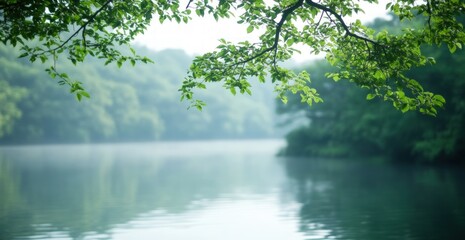 Tranquil lake reflection in forest landscape on peaceful morning with tree branches