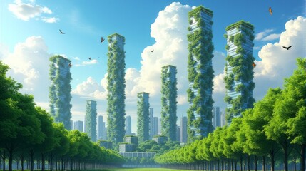 Fototapeta premium Green Revolution in Urban Design Towers Embraced by Thriving Vegetation