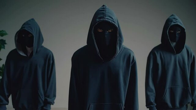 Mysterious hooded figures in dimly lit room slowly approaching camera eerie suspense concept