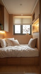 Cozy wooden bedroom with minimal decor high resolution picture