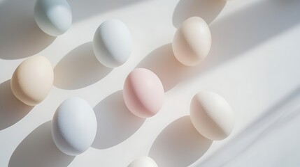 Floral Easter frame with mimosas and painted eggs on the white background. Top view. Copy space