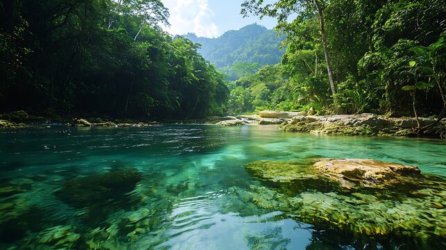 Jungle river with underwater rocks visible high resolution picture