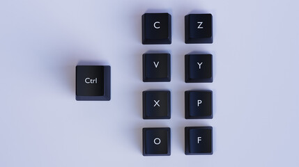 Modern Black Keyboard Keys with Shortcut Combinations on Light Background &ndash; 3D Render