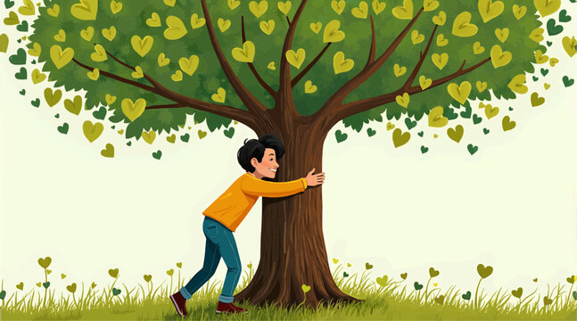 Young boy hugging tree with heart-shaped leaves in a sunny meadow  