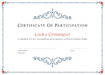 Certificate and ornate frame template. Hand drawn scroll design. For invitation, flyer, poster, cover, business card, banner, email header, post in social networks, advertising. 