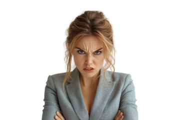 Blonde woman with angry expression wearing gray blazer with arms crossed looking frustrated, isolated on a transparent background