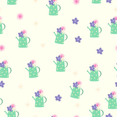 Seamless bright flat-style pattern with green watering cans decorated with flowers on a light background. Cheerful gardening motif perfect for eco and spring-themed designs