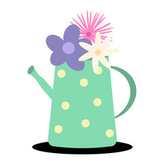 Bright illustration of a green polka dot watering can with three flowers — purple, white, and pink. Perfect for design, gardening themes, spring decor, and eco visuals