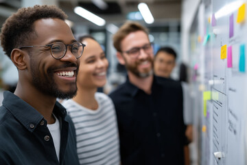 Agentic AI autonomous system. Intelligent agent. Decision making. AI behavior. A Scrum team collaborating in a stand-up meeting with digital task boards.