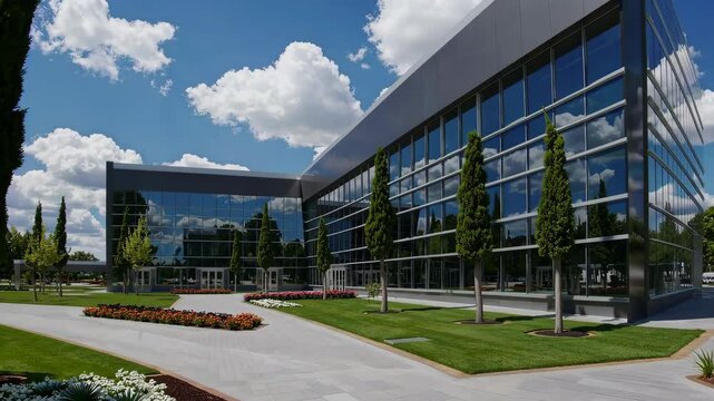 Modern corporate office exterior with cloud reflections and landscaped garden: urban architecture and nature integration