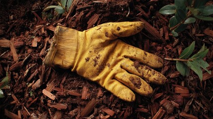 Naklejka premium Gardening glove rests on mulch amidst sprigs of green foliage awaiting planting