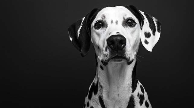 Close-up portrait of a Dalmatian dog with distinctive black spots on white coat looking directly at the camera against a dark background - Powered by Adobe