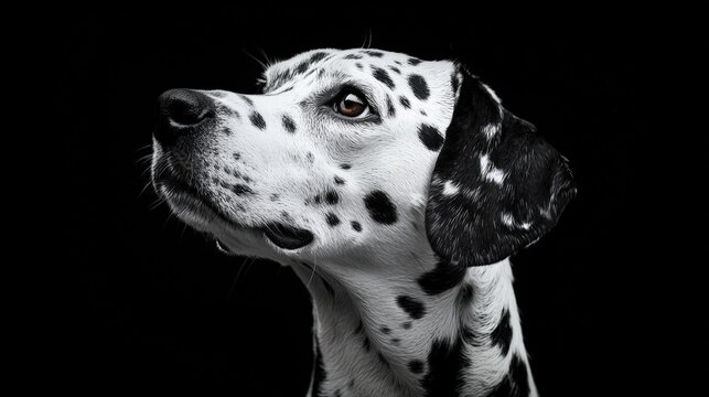 Elegant Dalmatian dog with distinct black spots looking to the side against a plain black background, showcasing its sleek coat and attentive expression