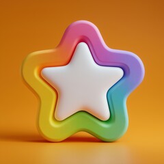 3D Rendering Colorful star-shaped object with a smooth, glossy surface against a vibrant orange background. Sosial media style icon