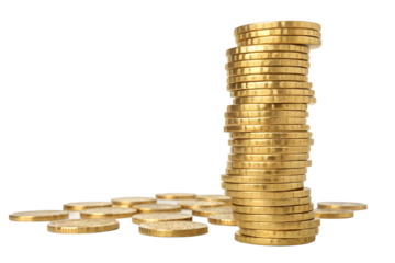 stacked gold coins forming a tall irregular tower on a white background, symbolizing wealth, savings, investment, finance concept for business and financial marketing!!

