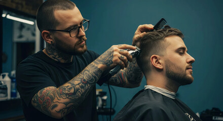 Tattooed male barber is giving a stylish haircut to a young man in a modern barbershop, showcasing professional grooming skills and attention to detail in a contemporary setting