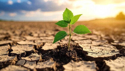 A resilient sprout emerging from cracked earth, a symbol of hope and new life against a dramatic sky
