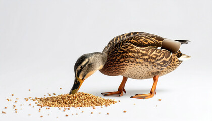 A brown duck eating seed, side view. A mallard duck is eating seed with a white background.
