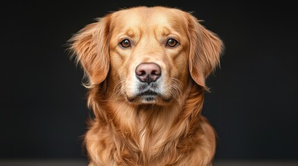 Close-up portrait of a curious golden retriever dog with expressive eyes and shiny fur against a dark background, captu a gentle and attentive personality