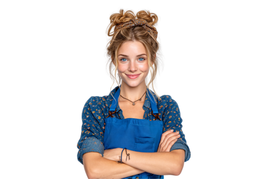 Woman with messy bun wearing blue floral shirt and blue apron, arms crossed with warm smile, isolated on a transparent background - Powered by Adobe
