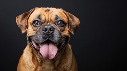 Close-up portrait of a happy brown brindle dog with expressive eyes and tongue out, showing joy and friendly demeanor against a dark background