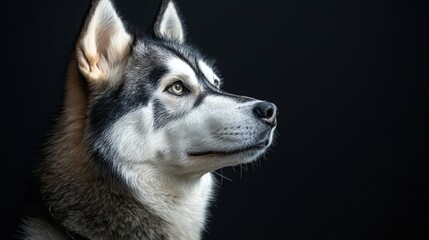 Obraz premium Beautiful Siberian Husky breed dog with striking blue eyes and thick fur against a solid black background, portrait showcasing its alert and majestic appearance