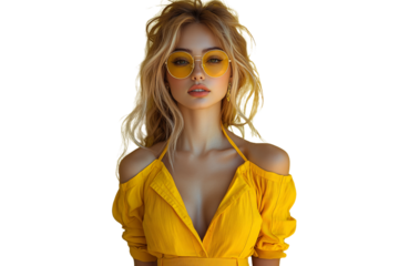 Young woman with wavy blonde hair wearing yellow off-shoulder top and orange-tinted sunglasses, isolated on a transparent background