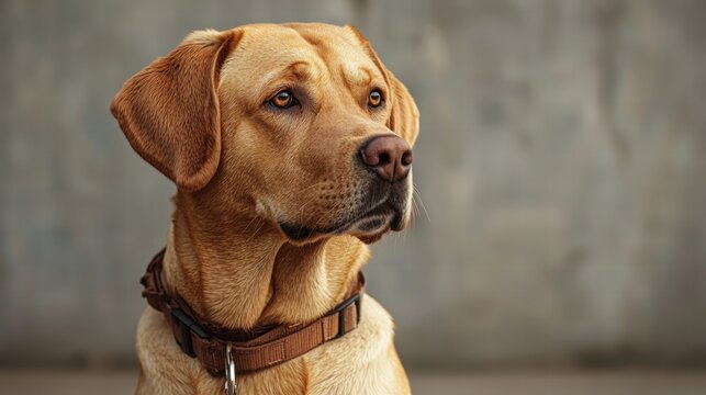 Close-up portrait of a loyal attentive brown dog with expressive eyes and smooth short fur wea a collar, looking thoughtfully to the side against a neutral background