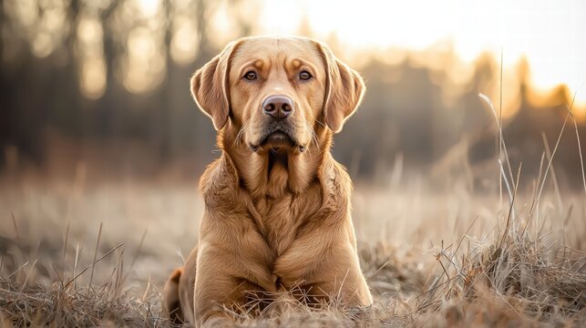 Adorable brown dog sitting outdoors in a natural grassy field du golden hour with trees in the background and a calm, attentive expression on its face
