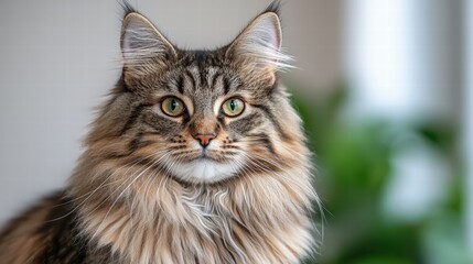 Obraz premium Close-up of a Majestic Long-Haired Cat with Bright Green Eyes Sitting Indoors with Soft Natural Light and Green Plants in the Background