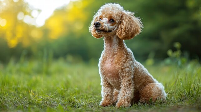 Adorable small curly-haired poodle sitting on green grass in a sunny park with blurred trees in the background, showcasing a cute and playful dog outdoors in nature