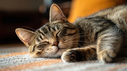 Adorable relaxed tabby cat lying peacefully on a soft rug with eyes closed and paws stretched out, showcasing calmness, comfort, and feline relaxation in warm indoor setting