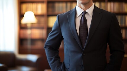 Confident lawyer in a suit exudes professionalism and authority in a modern office setting.
