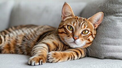 Close-up of a relaxed orange tabby cat lying on a soft gray sofa with green eyes looking at the camera and a neutral background