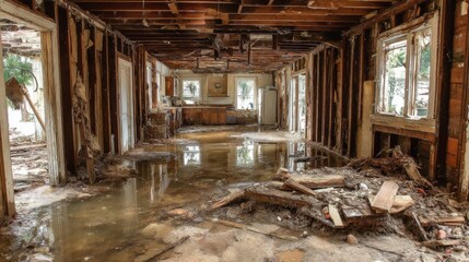 Ultra quality image of destroyed house after a flood with debris and water damage, flood, disaster, damage, destruction, ruined, house.