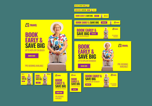 Travel Ad Banner with Elderly Woman Promoting Early Booking for Beach Discounts
