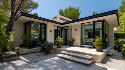 Modern Beige House Exterior with Black Windows and Stone Steps